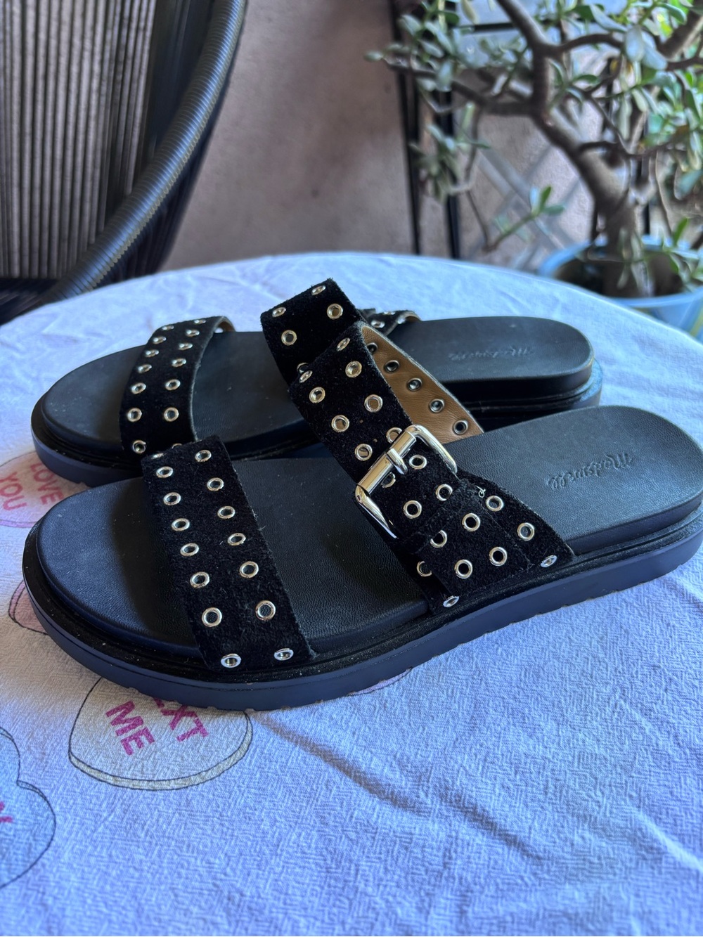 Madewell Black Suede Studded Double-Strap Slide Sandals